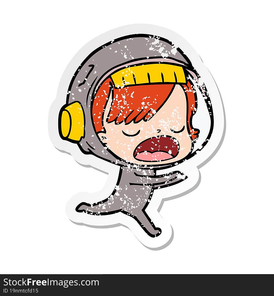 distressed sticker of a cartoon astronaut woman running