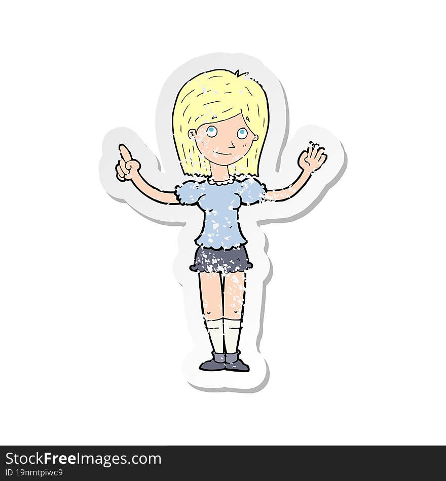 retro distressed sticker of a cartoon woman explaining idea