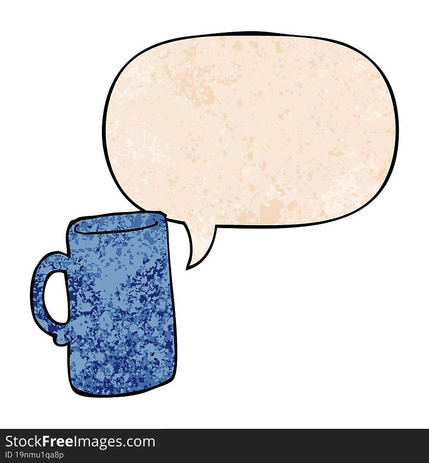 cartoon mug and speech bubble in retro texture style