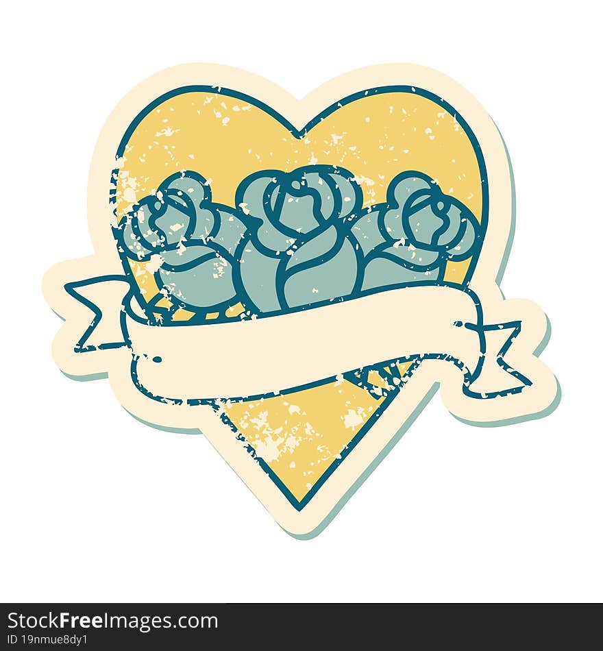 iconic distressed sticker tattoo style image of a heart and banner with flowers. iconic distressed sticker tattoo style image of a heart and banner with flowers