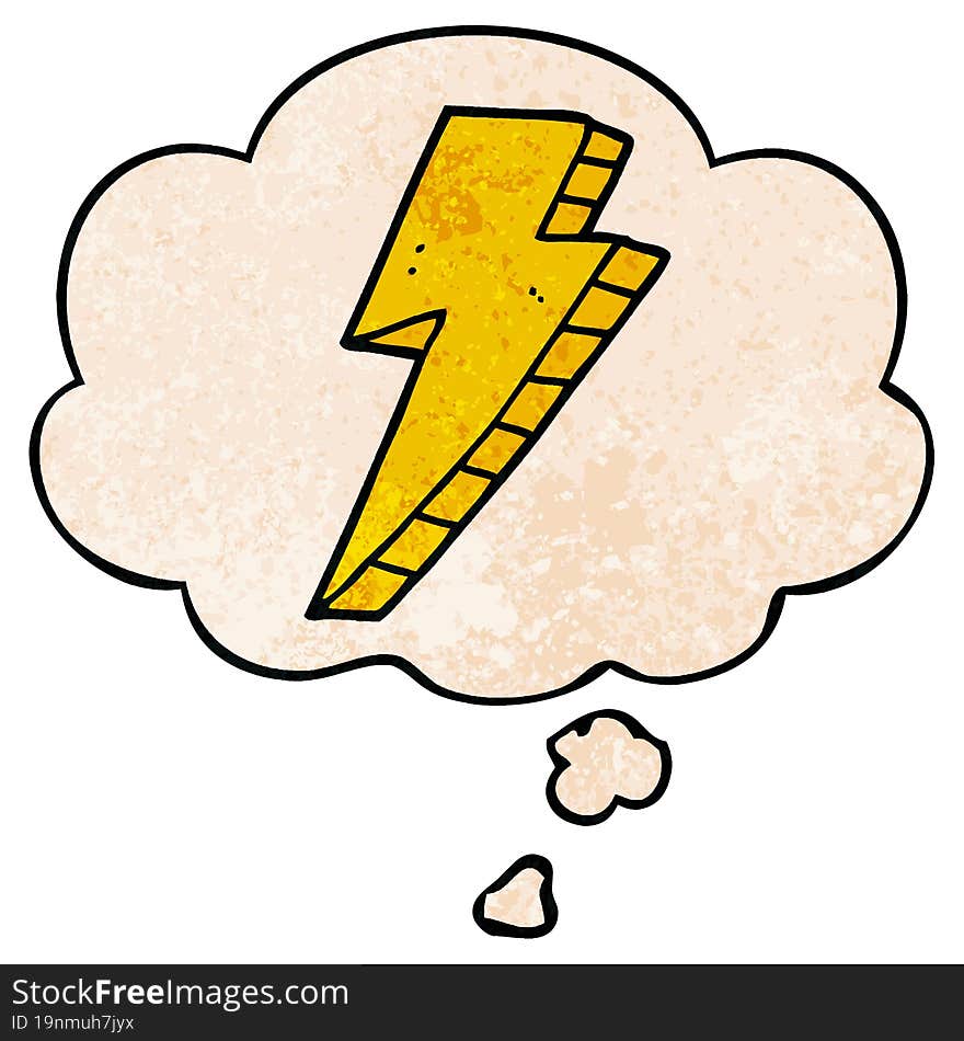 Cartoon Lightning Bolt And Thought Bubble In Grunge Texture Pattern Style