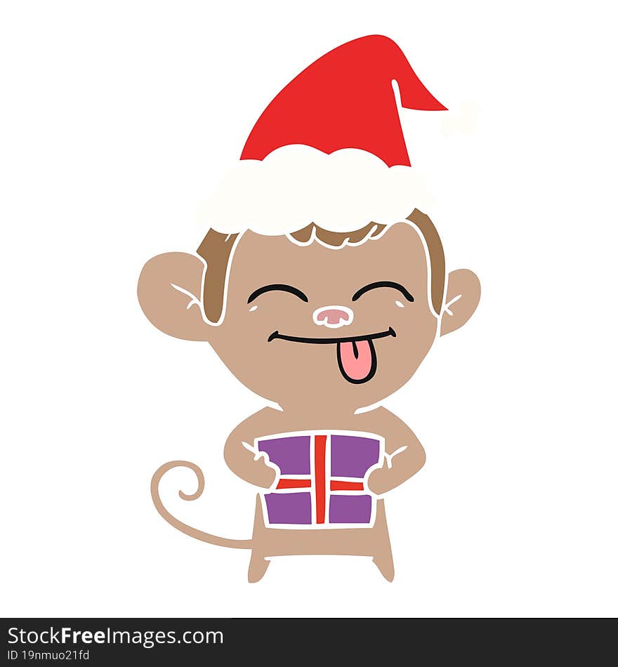 funny flat color illustration of a monkey with christmas present wearing santa hat