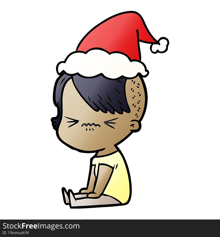 gradient cartoon of a annoyed hipster girl wearing santa hat