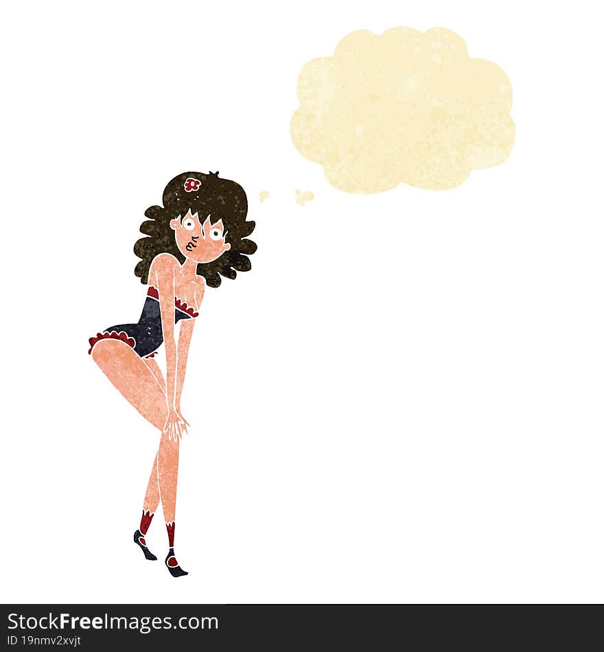 cartoon woman in lingerie with thought bubble