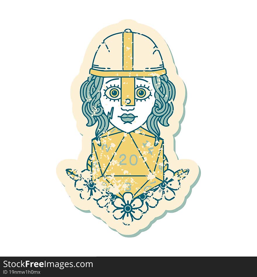 grunge sticker of a human fighter with natural 20 D20 dice roll. grunge sticker of a human fighter with natural 20 D20 dice roll