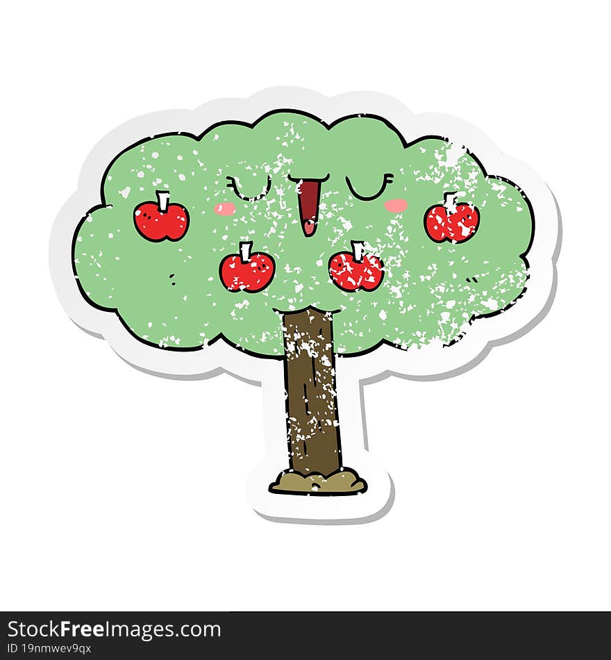 distressed sticker of a cartoon apple tree