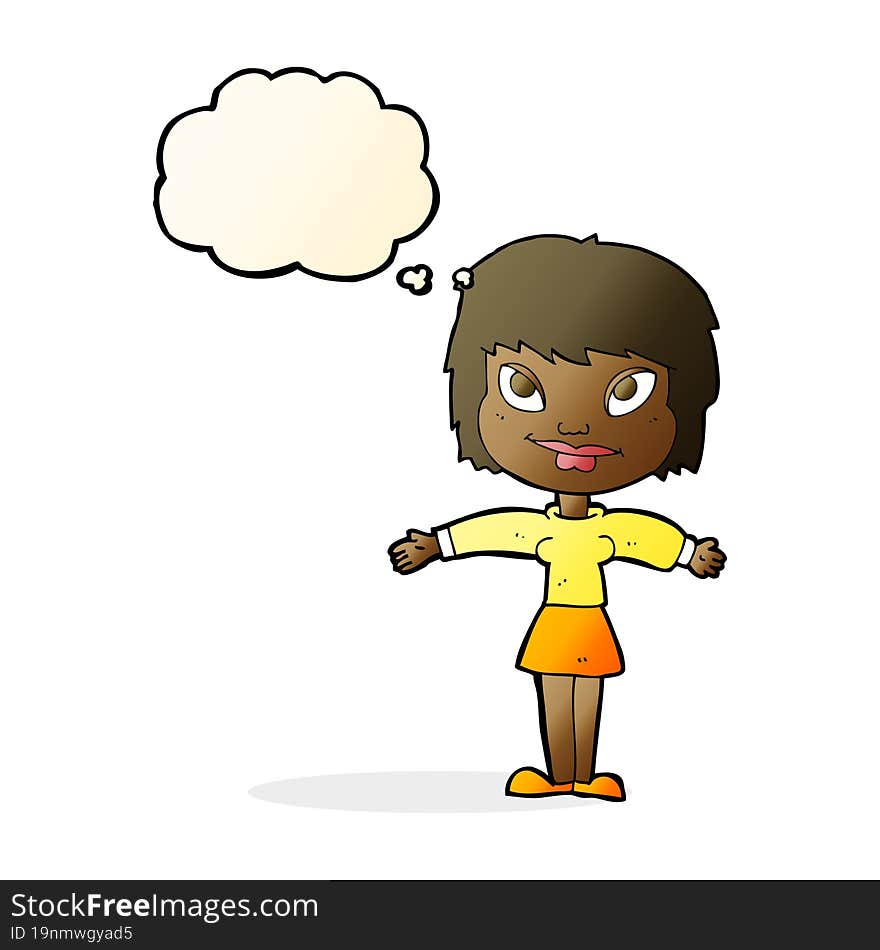 cartoon woman with open amrs with thought bubble