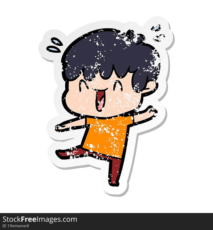 distressed sticker of a cartoon laughing boy