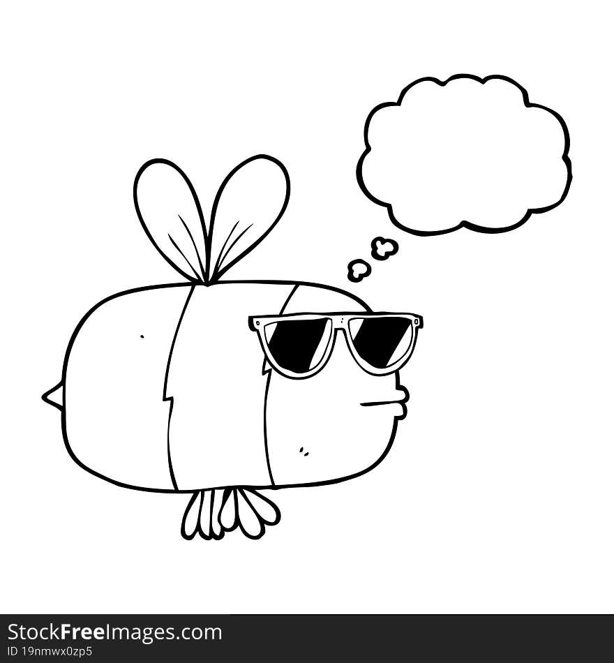 freehand drawn thought bubble cartoon bee wearing sunglasses