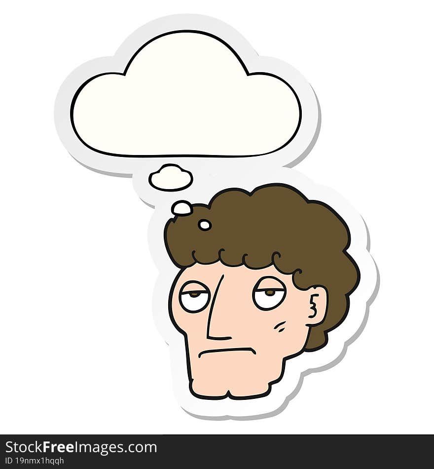 cartoon bored man and thought bubble as a printed sticker