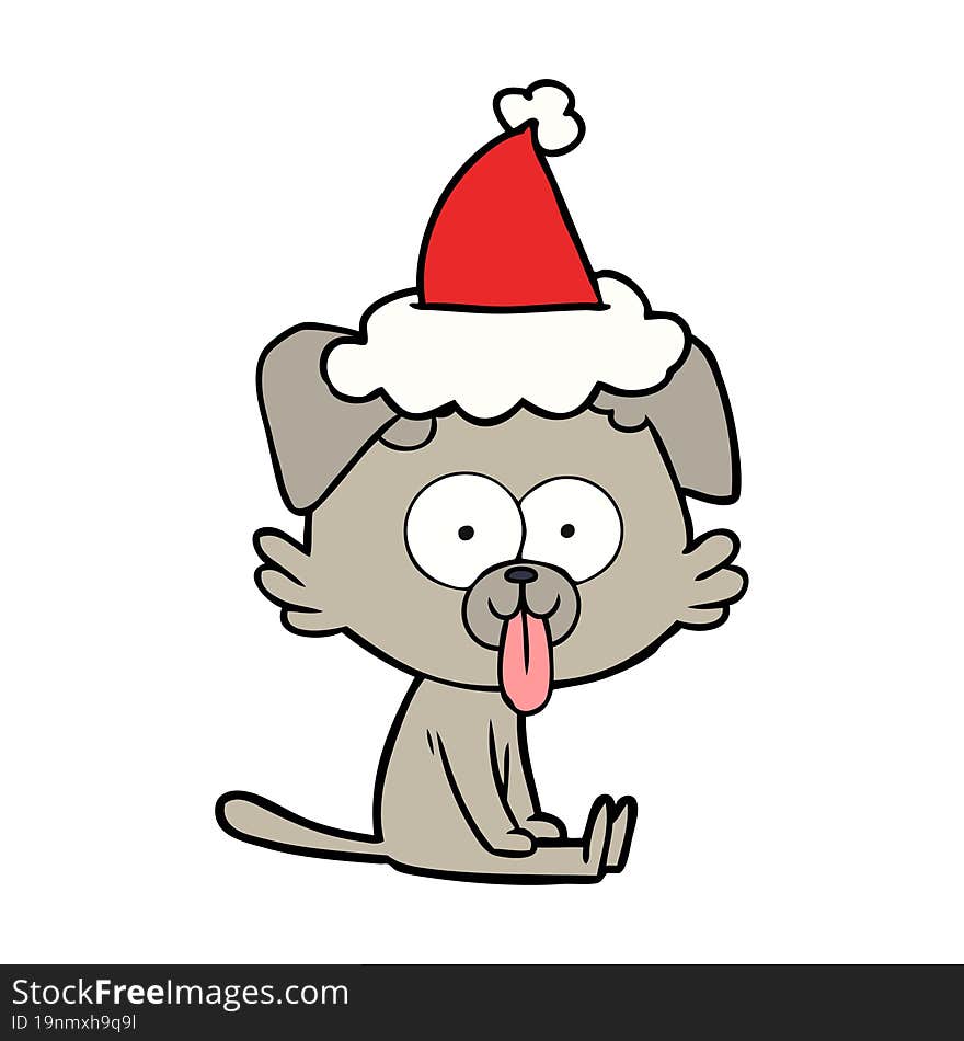 line drawing of a sitting dog with tongue sticking out wearing santa hat