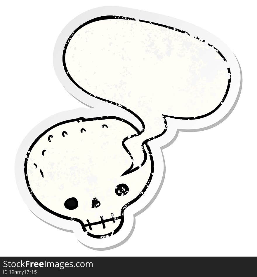 cartoon skull with speech bubble distressed distressed old sticker. cartoon skull with speech bubble distressed distressed old sticker