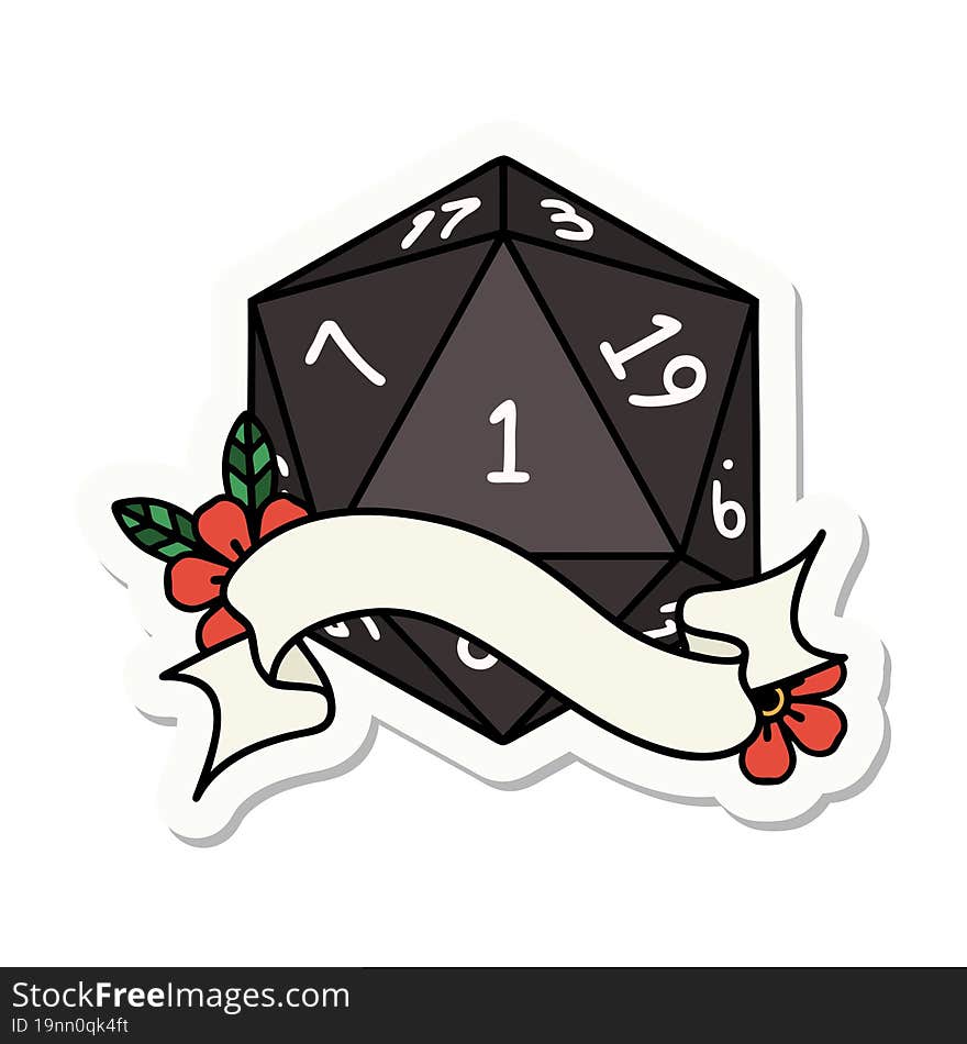 sticker of a natural one d20 dice roll. sticker of a natural one d20 dice roll