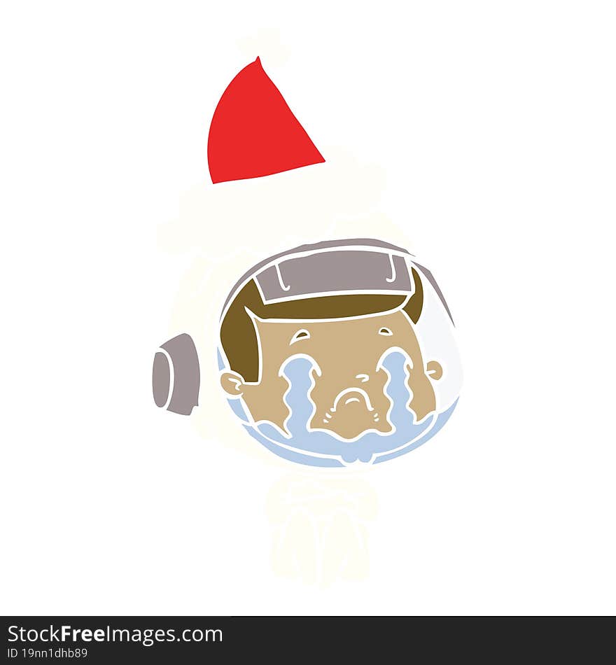 flat color illustration of a crying astronaut wearing santa hat