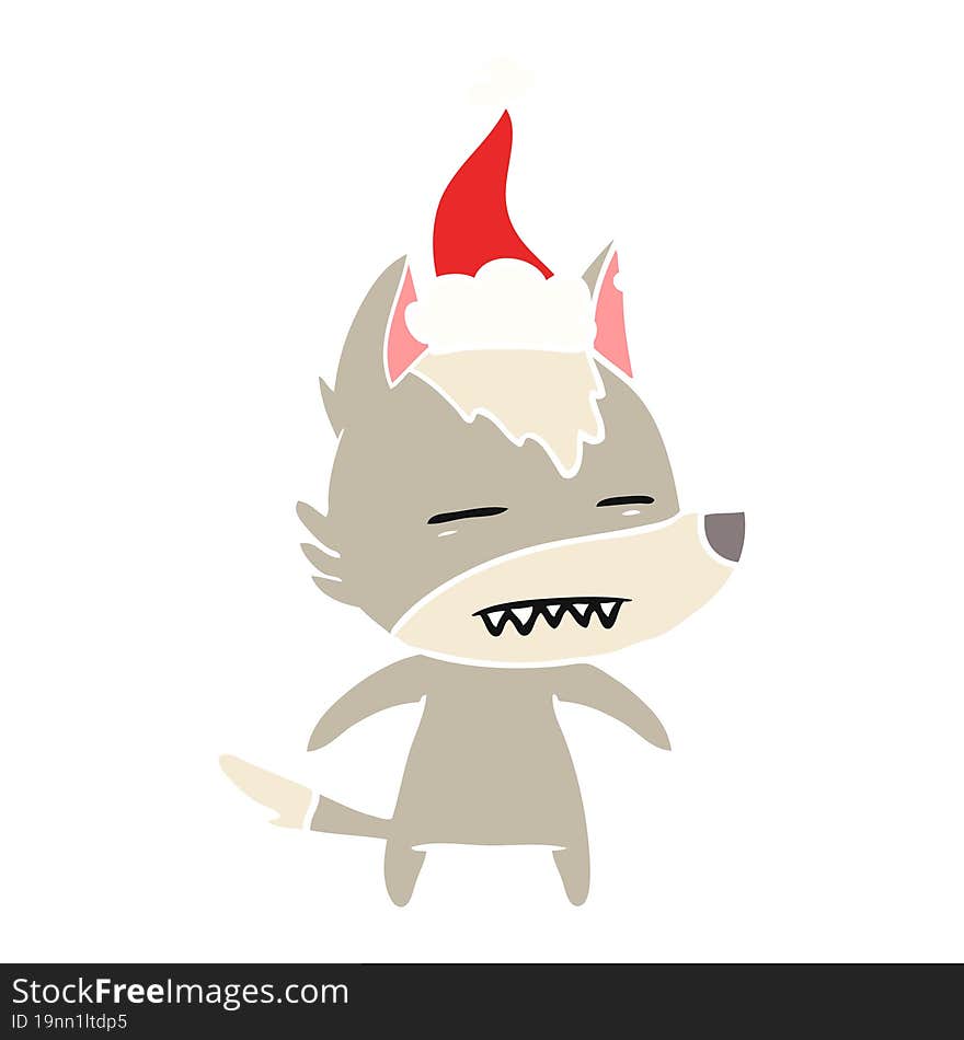 hand drawn flat color illustration of a wolf showing teeth wearing santa hat