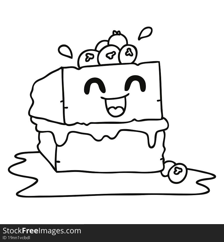 line drawing quirky cartoon happy cake slice. line drawing quirky cartoon happy cake slice