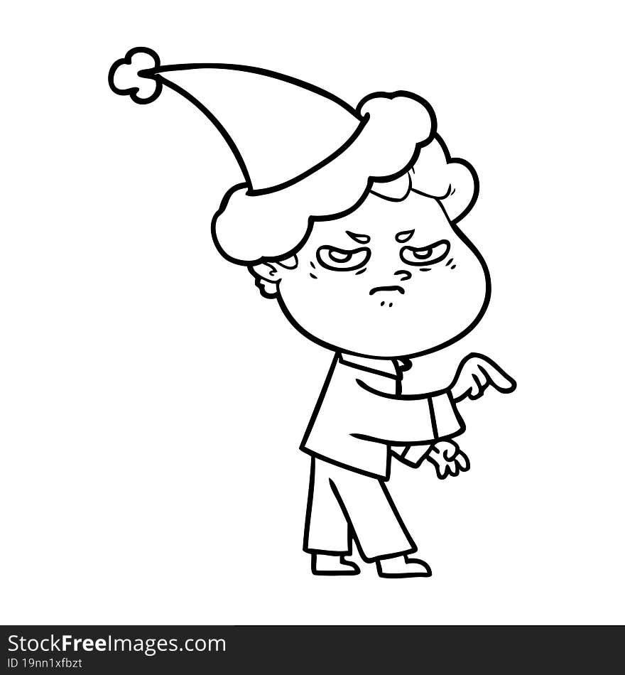 line drawing of a angry man wearing santa hat