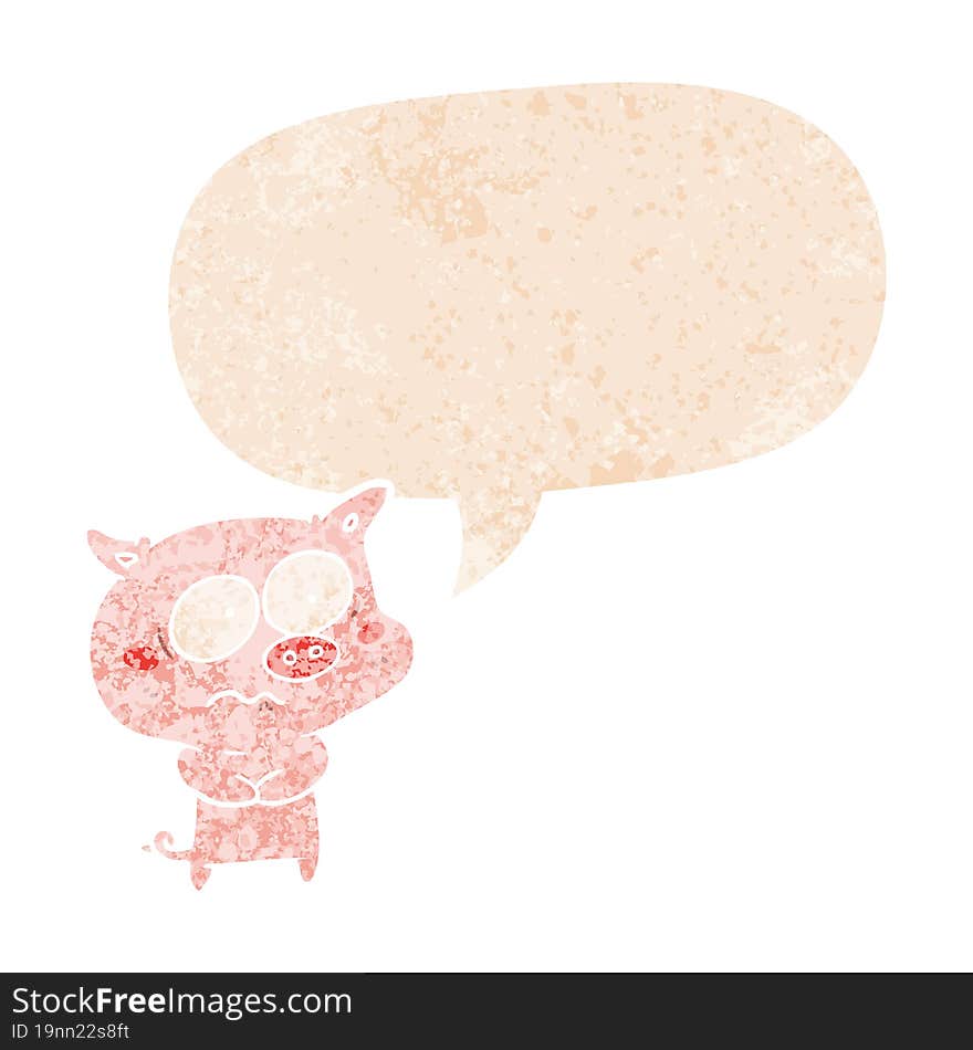 cartoon nervous pig and speech bubble in retro textured style