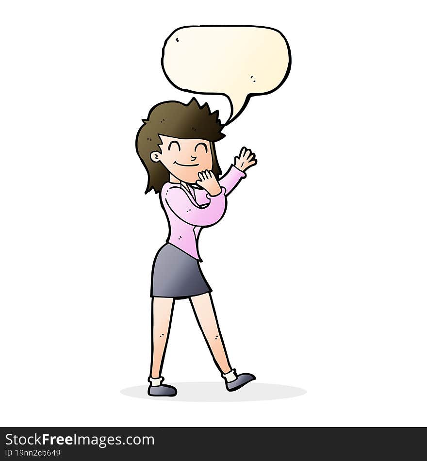 cartoon happy businesswoman with speech bubble