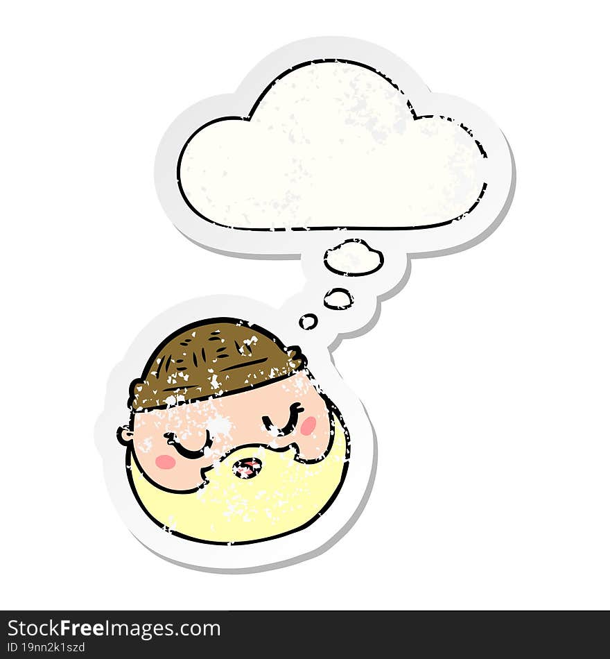 cartoon male face with beard with thought bubble as a distressed worn sticker