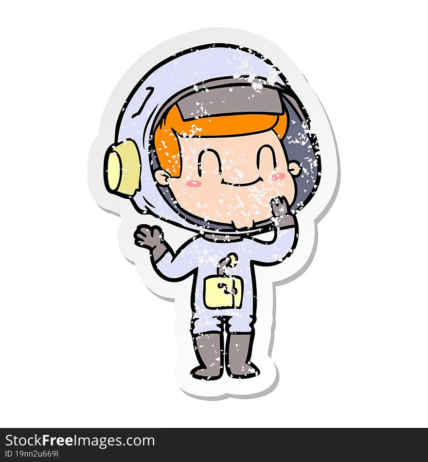 distressed sticker of a happy cartoon astronaut man