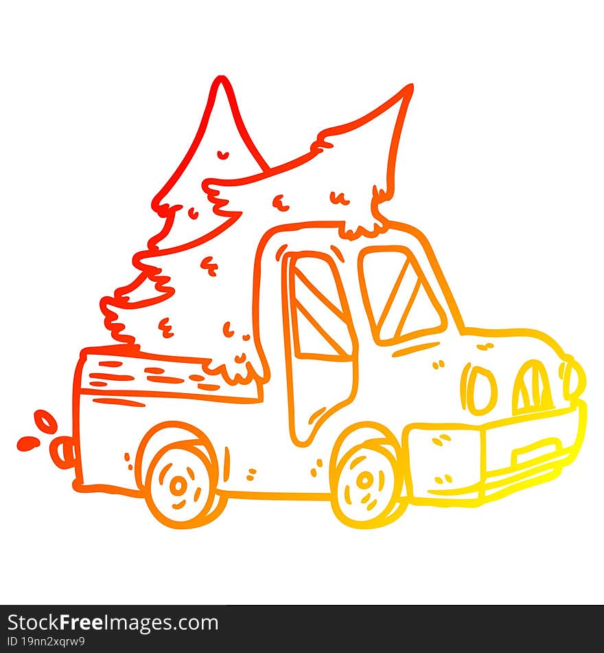 warm gradient line drawing pickup truck carrying christmas trees