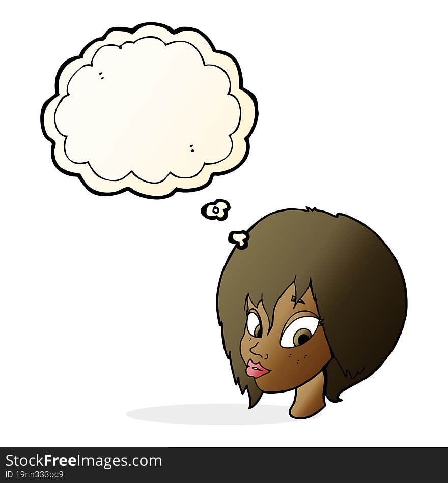 cartoon pretty female face pouting with thought bubble