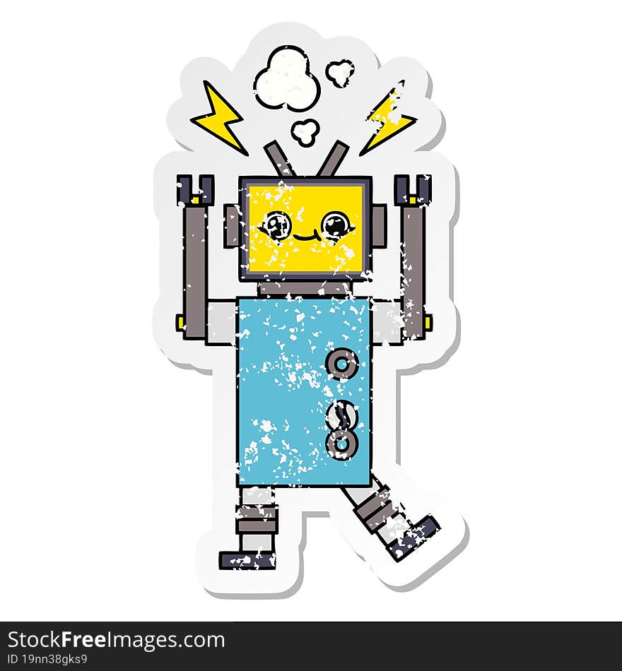 distressed sticker of a cute cartoon malfunctioning robot