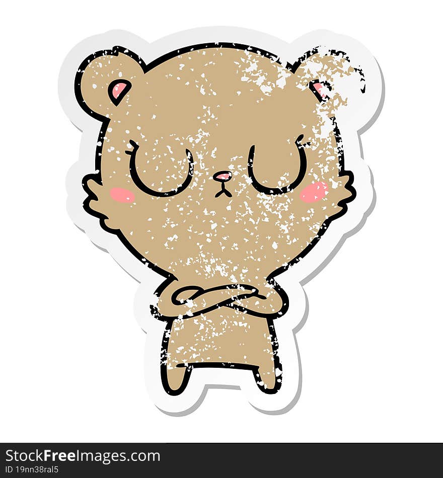 distressed sticker of a peaceful cartoon bear cub