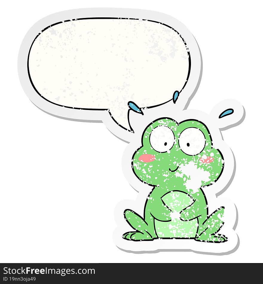 cute cartoon frog with speech bubble distressed distressed old sticker. cute cartoon frog with speech bubble distressed distressed old sticker