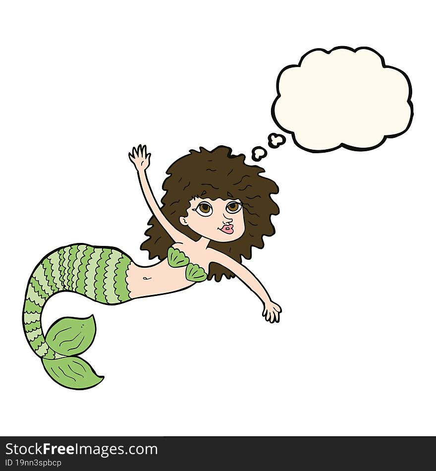 cartoon pretty mermaid waving with thought bubble