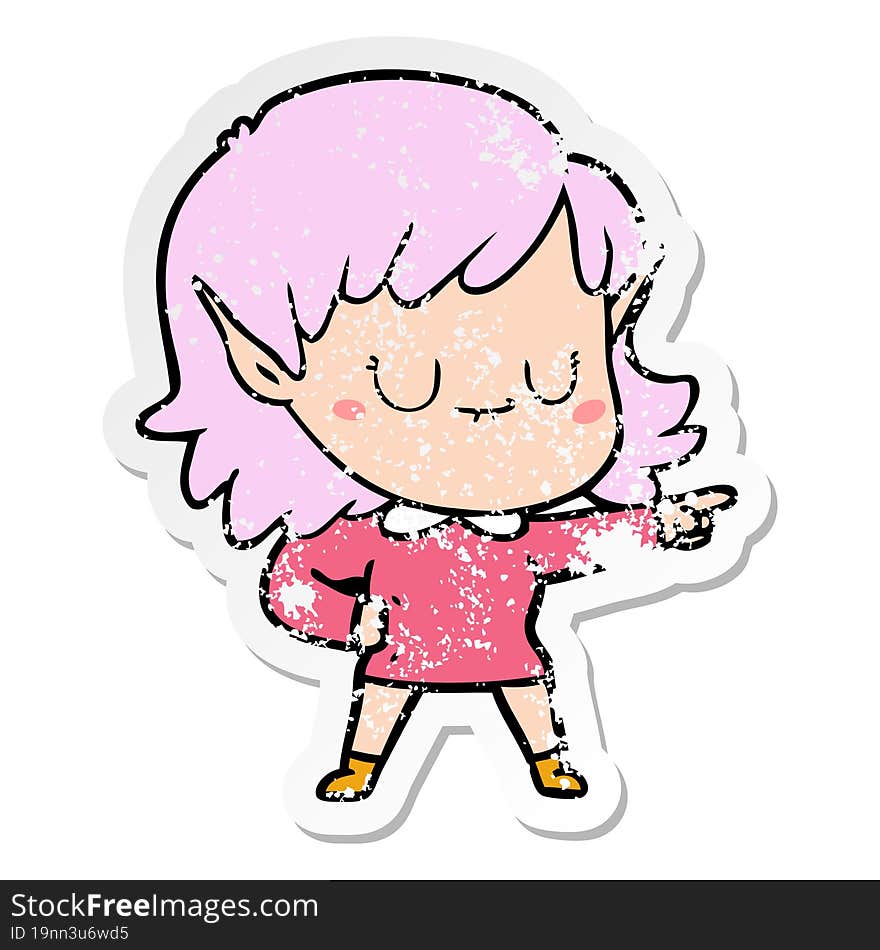 Distressed Sticker Of A Happy Cartoon Elf Girl