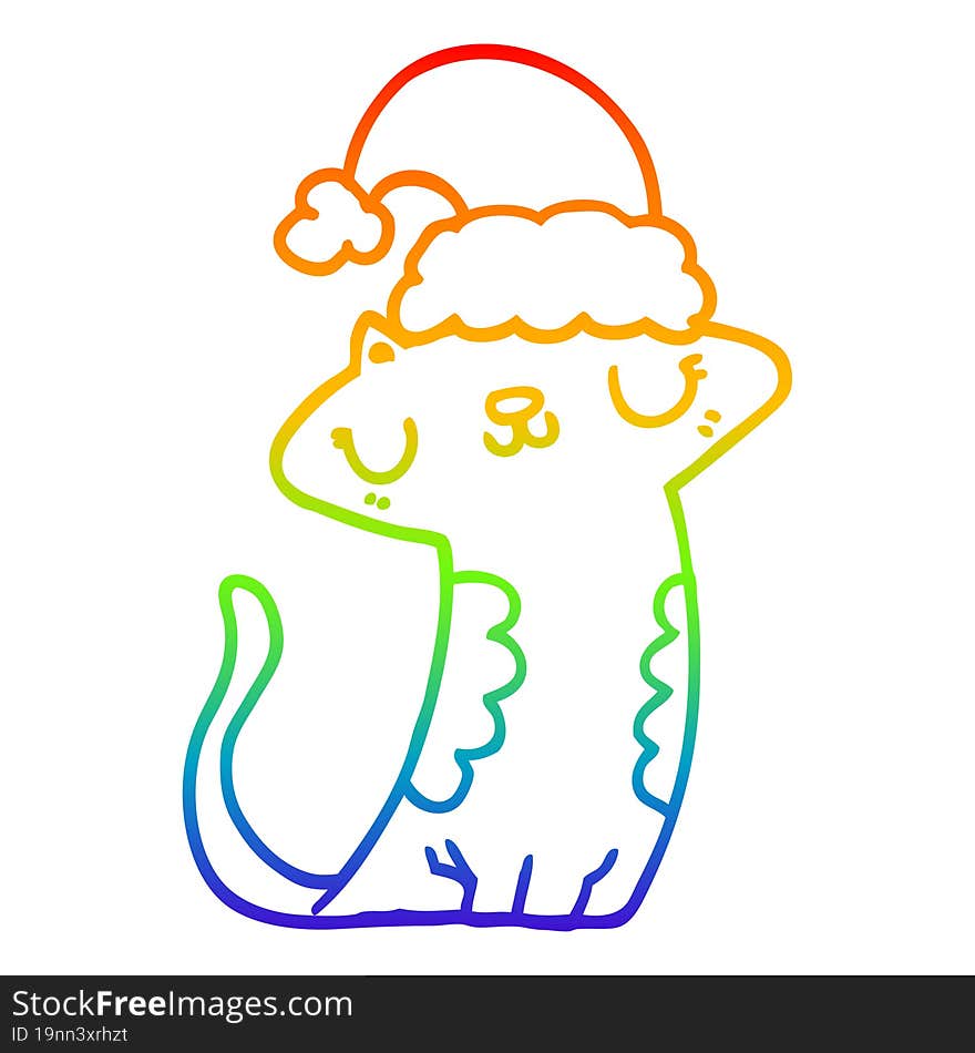 rainbow gradient line drawing cute cartoon cat wearing christmas hat