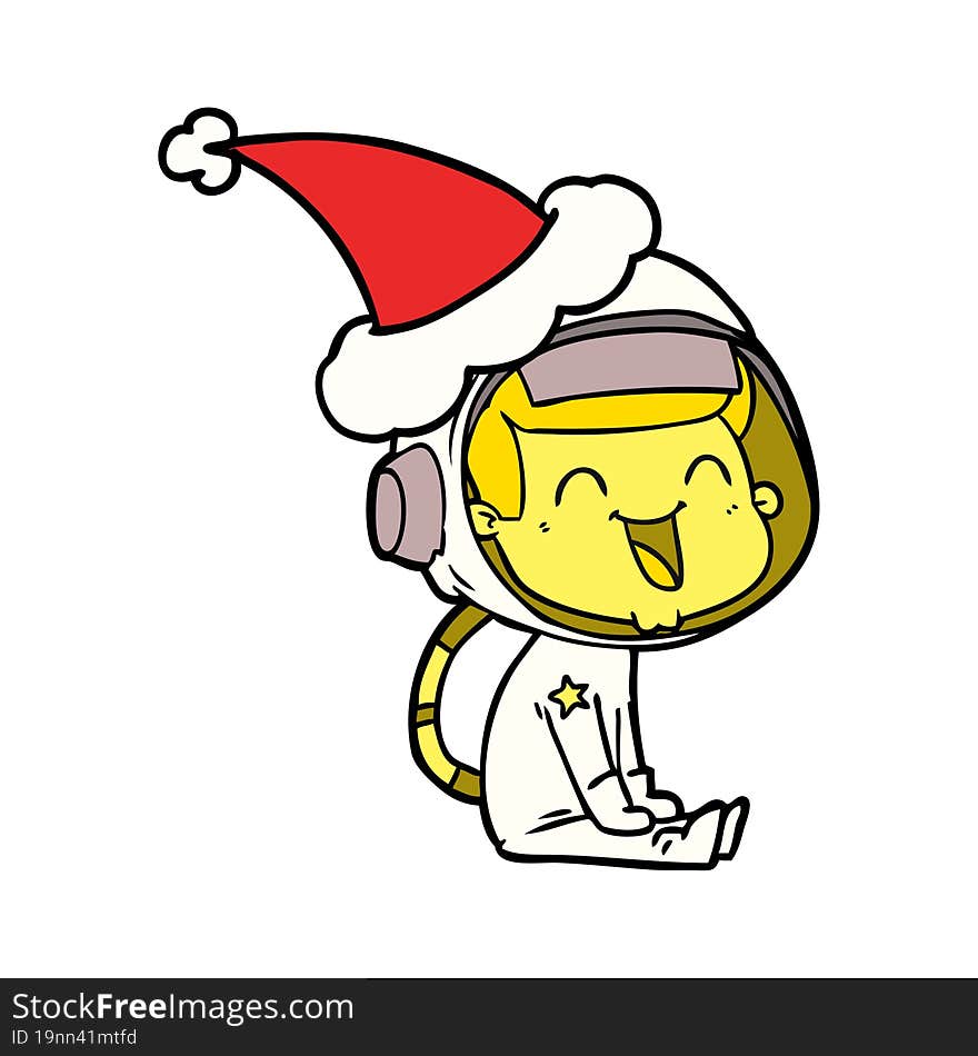 happy line drawing of a astronaut wearing santa hat