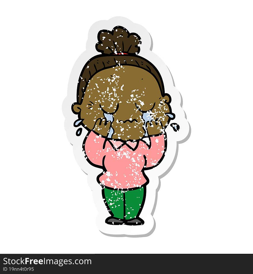 distressed sticker of a cartoon crying old lady