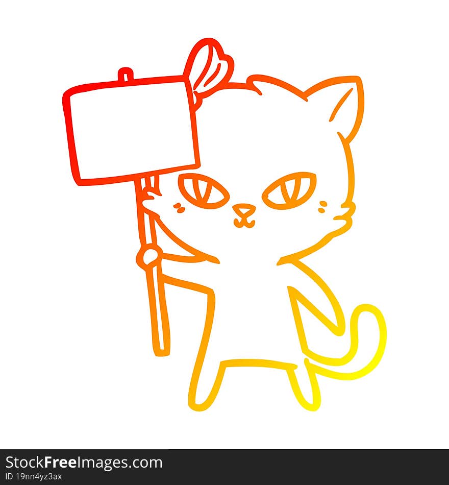 warm gradient line drawing of a cute cartoon cat with protest sign