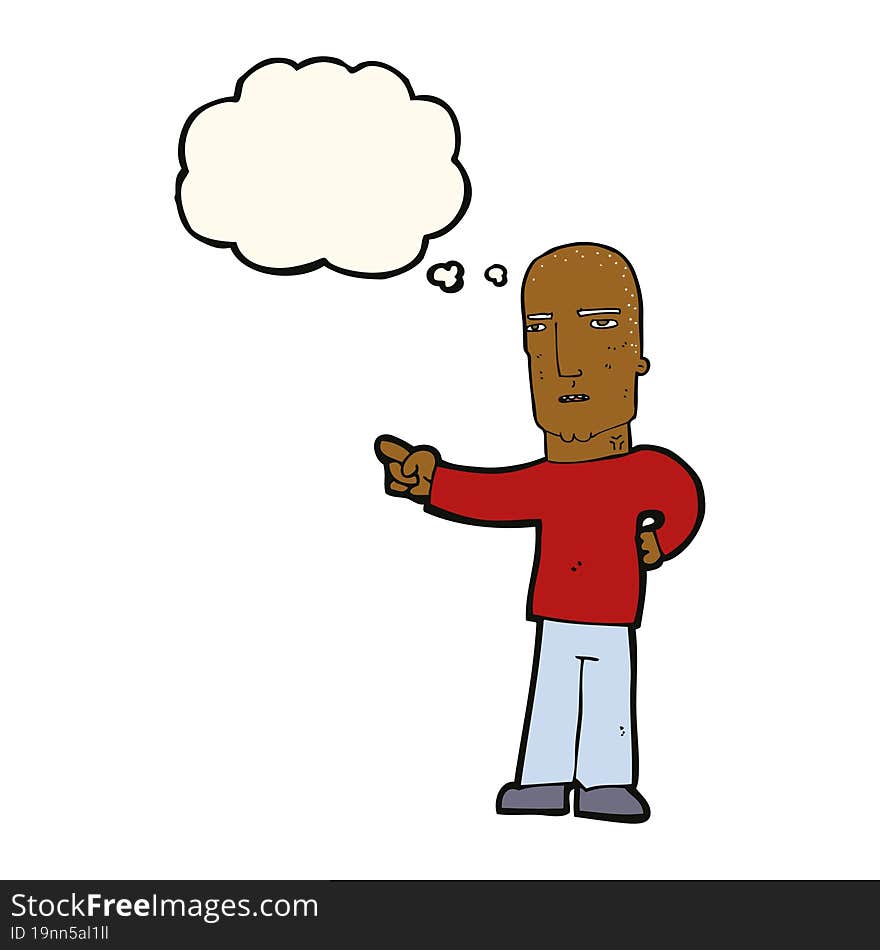 cartoon tough guy pointing with thought bubble