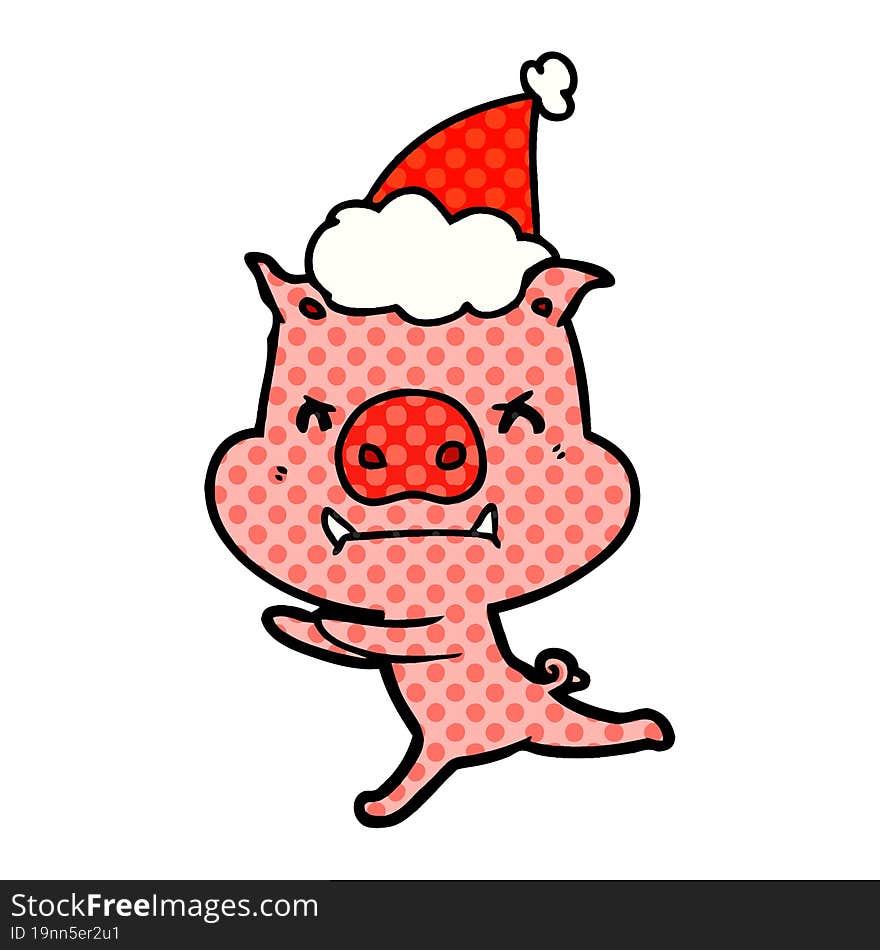 angry comic book style illustration of a pig wearing santa hat