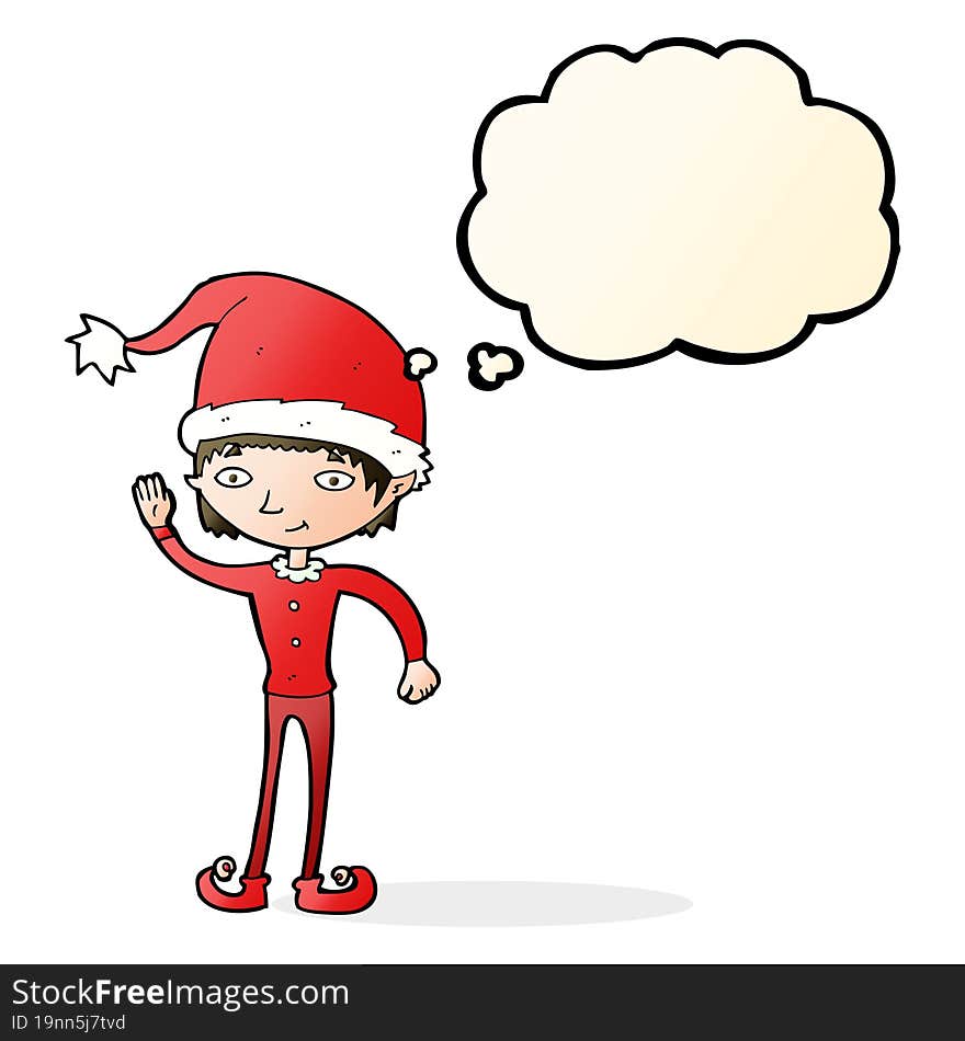 cartoon waving christmas elf with thought bubble