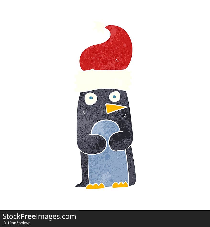 retro cartoon penguin in christmas hat