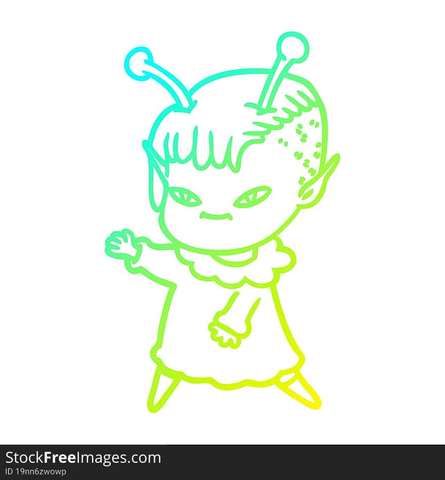 Cold Gradient Line Drawing Cute Cartoon Alien Girl