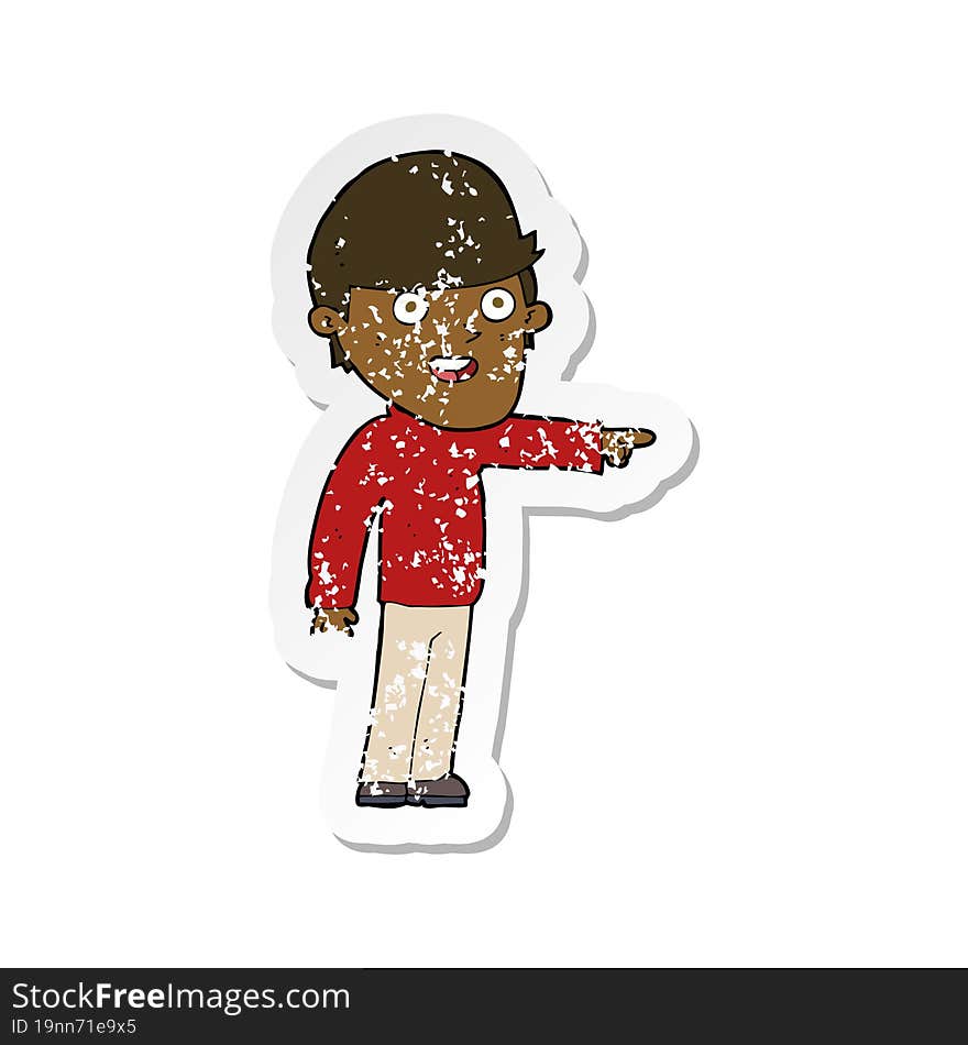 retro distressed sticker of a cartoon pointing man