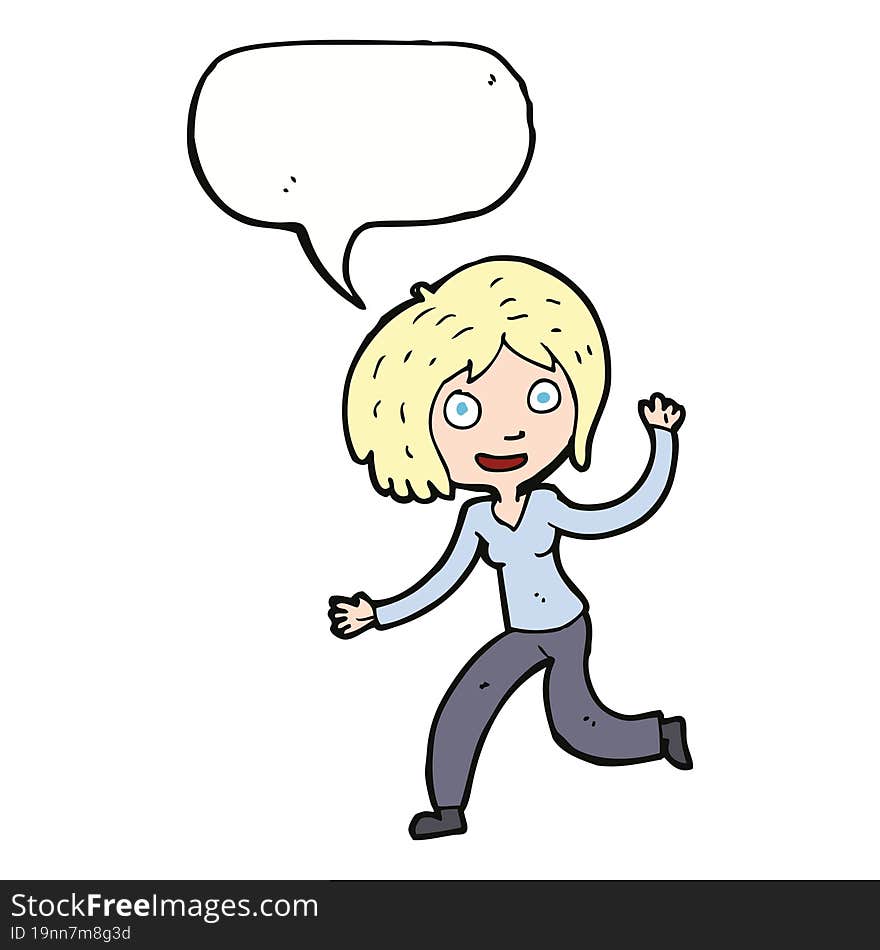 Cartoon Happy Waving Girl With Speech Bubble