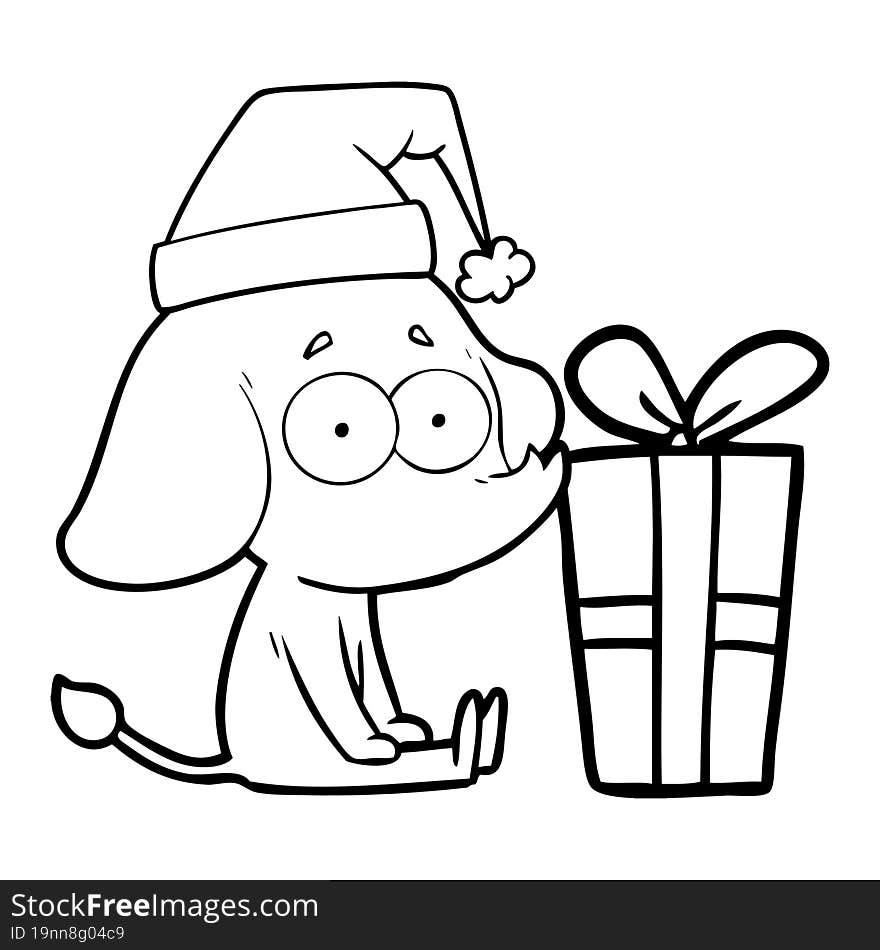 cartoon unsure elephant sat on floor with christmas present. cartoon unsure elephant sat on floor with christmas present