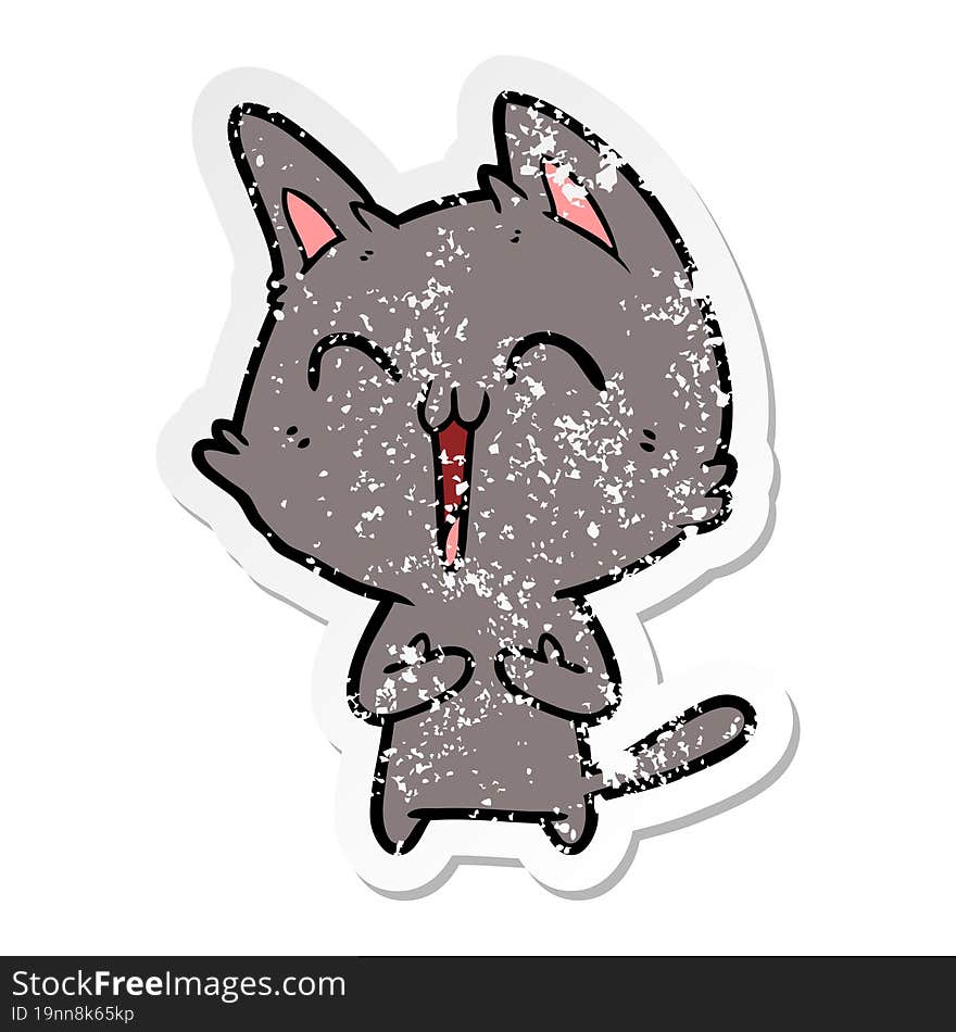 distressed sticker of a happy cartoon cat