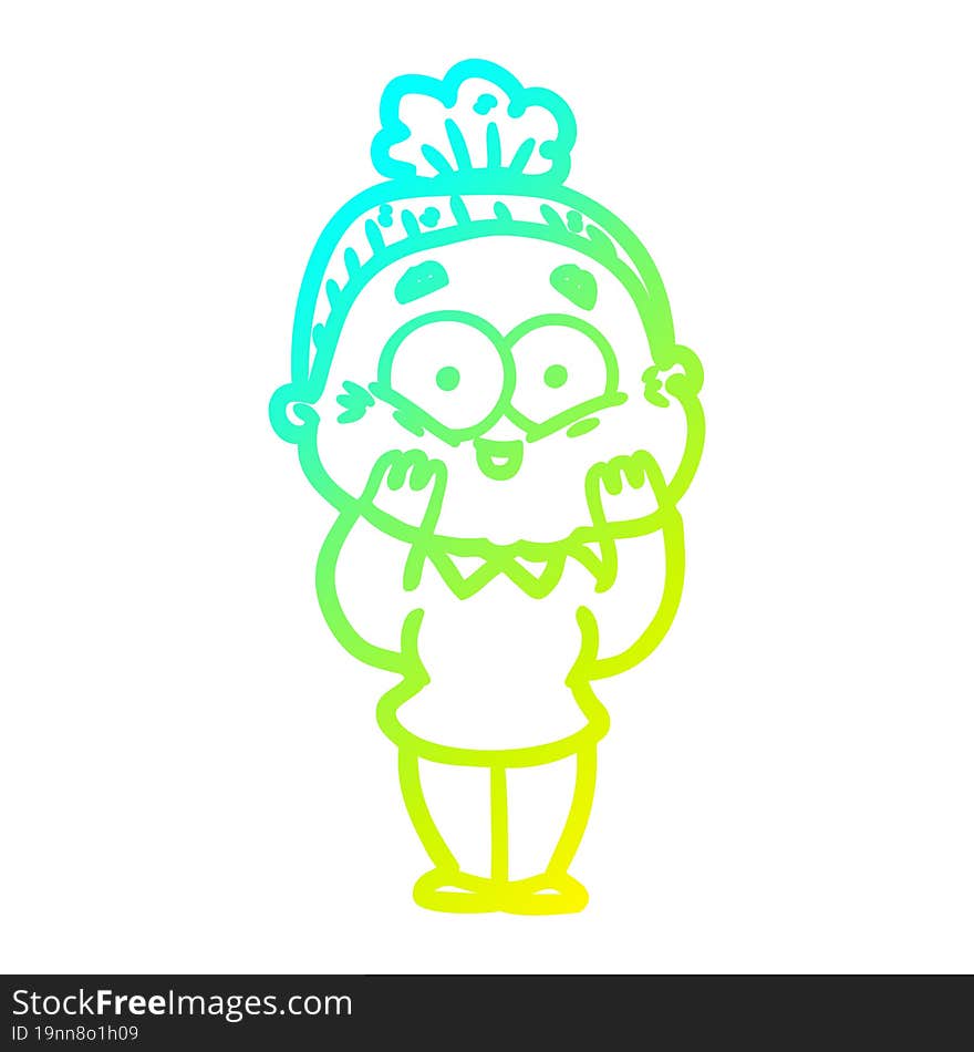 cold gradient line drawing of a cartoon happy old woman