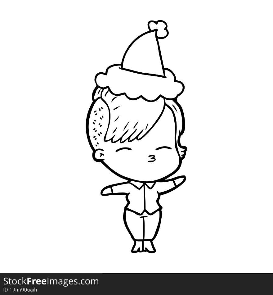 line drawing of a squinting girl wearing santa hat