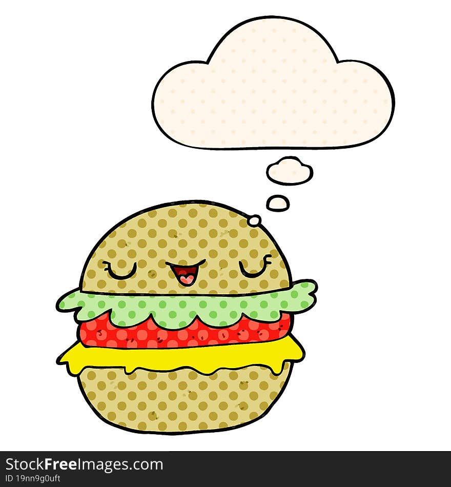 cartoon burger and thought bubble in comic book style