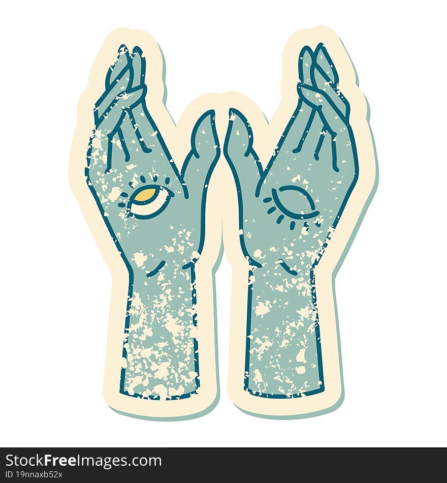 distressed sticker tattoo style icon of mystic hands