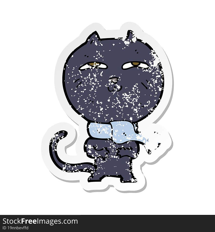 retro distressed sticker of a cartoon funny cat wearing scarf